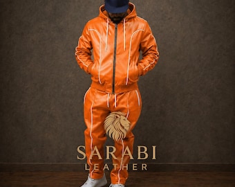 Men's Geniune Orange Leather Tracksuit - Jogging style Men Brayden Leather Sweatsuit Track Suit - Hooded Set
