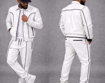 Survêtement pour homme en cuir blanc à rayures noires, ensemble de jogging en cuir fait main, tenue deux pièces en cuir de luxe