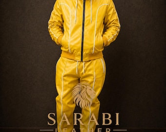 Men's Geniune Yellow Leather Tracksuit - Jogging style Men Brayden Leather Sweatsuit Track Suit - Hooded Set