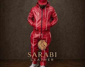 Men's Geniune Red Leather Tracksuit - Jogging style Men Brayden Leather Sweatsuit Track Suit - Hooded Set