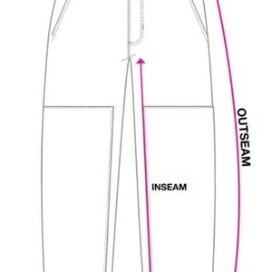 May include: Diagram of pants with labeled measurements: waist, outseam, inseam, and leg opening. The image shows a flat lay of the pants, with pink arrows indicating the measurement points. The pants have pockets and a button closure.