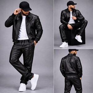 May include: A black leather jacket with a collar and front buttons, paired with matching black leather drawstring pants, a plain white t-shirt, a black baseball cap, and white sneakers. The outfit is shown from the front, side, and back.