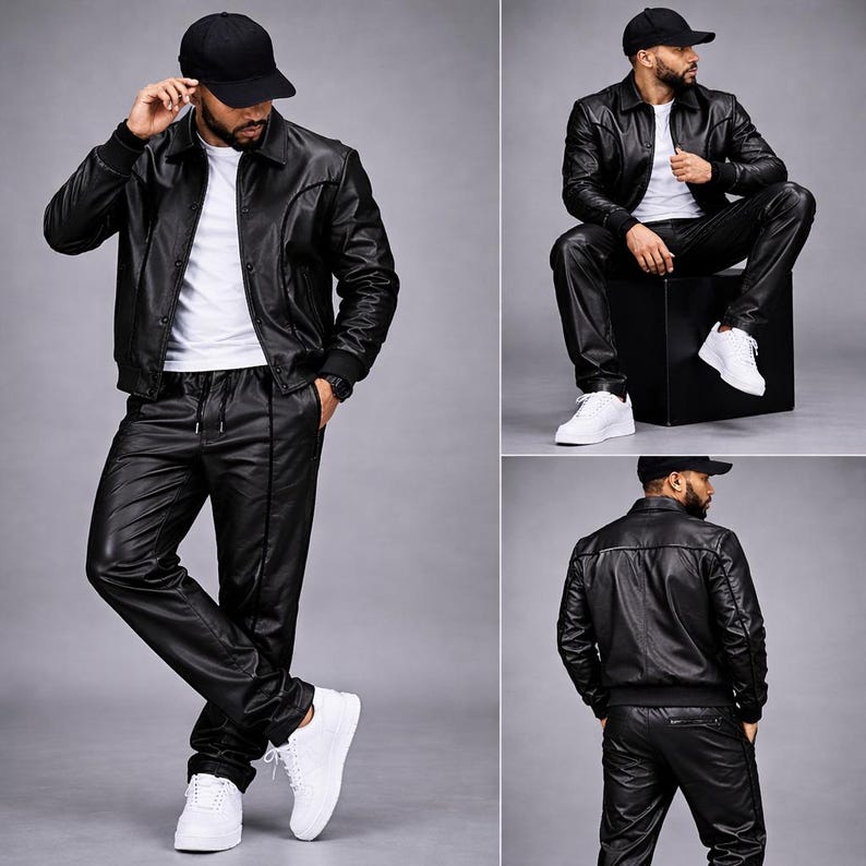 May include: A black leather jacket with a collar and front buttons, paired with matching black leather drawstring pants, a plain white t-shirt, a black baseball cap, and white sneakers. The outfit is shown from the front, side, and back.