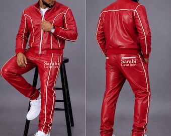 Survêtement en cuir rouge Brayden pour hommes - Survêtement en cuir style jogging - Survêtement en cuir rouge/blanc
