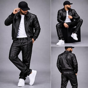 May include: A black leather jacket with a collar and front buttons, paired with matching black leather drawstring pants, a plain white t-shirt, a black baseball cap, and white sneakers. The outfit is shown from the front, side, and back.