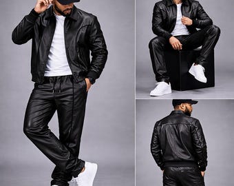 Survêtement en cuir noir Brayden pour hommes - Survêtement en cuir style jogging pour hommes - Survêtement en cuir Geniune