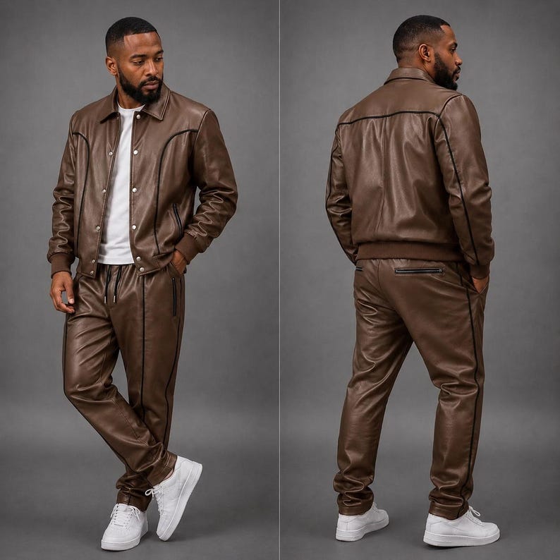 K&ouml;nnte beinhalten: Braunes Lederjacken- und Hosen-Set. Die Jacke hat einen Kragen, einen Knopfverschluss und schwarze Paspeln. Die Hose hat einen Kordelzug in der Taille und schwarze Paspeln. Das Outfit wird mit wei&szlig;en Turnschuhen kombiniert.