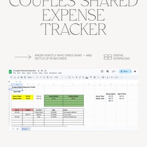 Pode incluir: Uma planilha digital intitulada "Couples Shared Expense Tracker" com o texto "Saiba exatamente quem deve o quê - e acerte em segundos." A planilha mostra o controle de gastos de abril de 2026.