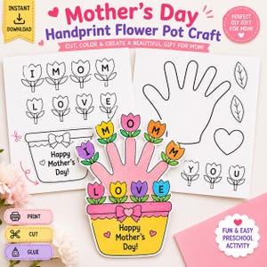 Pode incluir: Um artesanato colorido de vaso de flores com impressão de mãos para o Dia das Mães. O design inclui uma impressão de mão com flores de tulipa que soletram "LOVE" e "MOM". O texto diz "Feliz Dia das Mães!" e "PRESENTE DIY PERFEITO PARA A MAMÃE!"