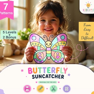 Puede incluir: Un niño sostiene un atrapasoles de mariposa colorido. El atrapasoles presenta varios patrones y colores. La imagen incluye el texto "Butterfly Suncatcher" y "Printable PDF for Kids."