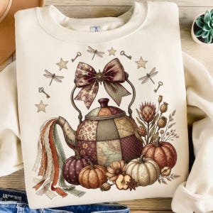 Patchwork Teapot Autumn PNG, Vintage Fall Pumpkin Bow Sublimation Design, Cottagecore Harvest Shirt PNG, Cozy Farmhouse Fall Tee