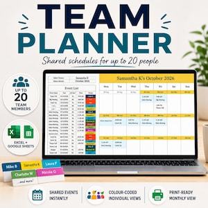 May include: A laptop displays a team planner for October 2026, featuring shared schedules for up to 20 team members. The screen shows a color-coded calendar with event details. Icons indicate Excel/Google Sheets compatibility and print-ready monthly views.