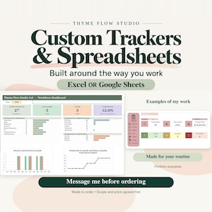 May include: A digital graphic displaying custom trackers and spreadsheets by Thyme Flow Studio for Excel or Google Sheets. It features a workforce dashboard with charts, data tables, and examples of work, including text stating Message me before ordering.