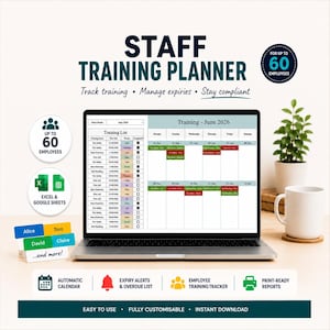 Puede incluir: Un planificador digital de formación de personal en una pantalla de portátil, con una lista de formación y calendario para junio de 2026. La interfaz incluye columnas para nombres de formación, fechas de vencimiento y empleados, compatible con Excel y Google Sheets.