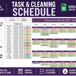 May include: A digital task and cleaning schedule template for Excel and Google Sheets, designed for up to 20 people. The layout features a task list table and a monthly calendar view for March 2027, with color-coded entries for various household chores.