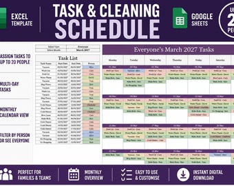 Sjabloon schoonmaakschema, planner voor gezinstaken (Excel, Google Spreadsheets)