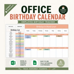 May include: An office birthday calendar and employee birthday tracker template featuring a monthly grid for March 2027, a list of names with dates, and text including Automatic Birthday Alerts, Never Miss A Birthday Again, and Track, Remember, Celebrate.