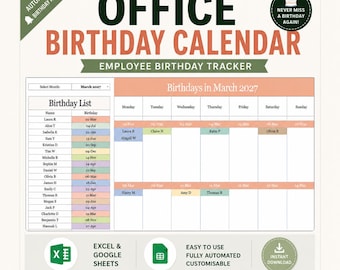 Office Birthday Calendar | Employee Birthday Tracker | Excel & Google Sheets Template