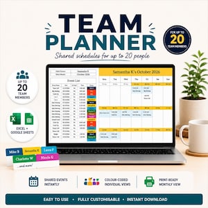 Arkusz kalkulacyjny do planowania pracy zespołu | Wspólne harmonogramy dla maksymalnie 20 osób (Excel, Arkusze Google)