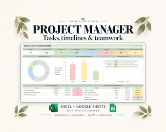 Projectmanagement-spreadsheet voor Excel en Google Sheets, Gantt-diagram, taaktracker en dashboard