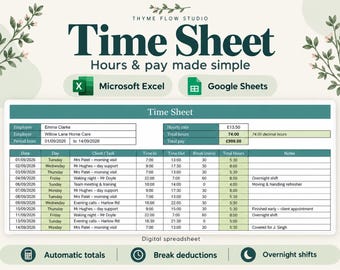 Urenregistratiesjabloon voor Excel en Google Sheets, uren- en looncalculator