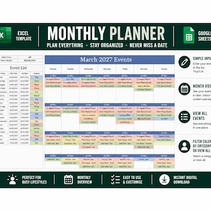 Monthly Planner Excel Google Sheets Template | Color Coded Schedule (Digital Download)