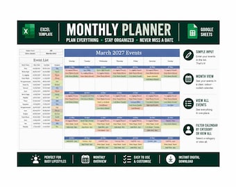 Maandplanner Excel Google Spreadsheets-sjabloon | Kleurgecodeerd schema (digitale download)