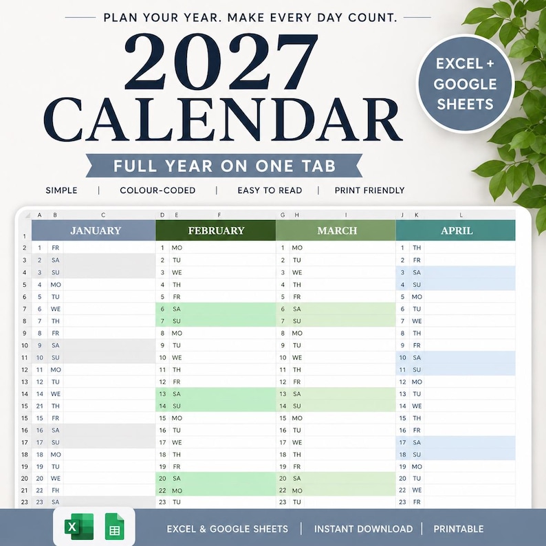2027 Calendar Template | Soft Colour Year Planner (digital Download) - Etsy