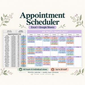 May include: An Appointment Scheduler template for Excel and Google Sheets featuring a monthly calendar for March 2027, a detailed appointment list, and team scheduling views. The design includes floral accents and text labels.