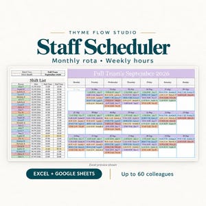 Op de afbeelding: Een digitaal personeelsrooster-sjabloon voor Excel en Google Sheets van Thyme Flow Studio. De lay-out bevat links een dienstenlijst en rechts een maandkalender voor september 2026, met kleurcoderingen voor maximaal 60 medewerkers.