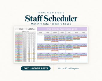 Personeelsplanner voor Excel en Google Sheets: Dienstroosterplanner voor medewerkers met wekelijkse urenregistratie