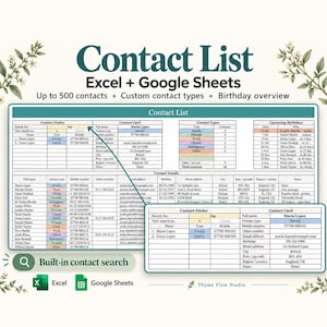 May include: A digital contact list template for Excel and Google Sheets featuring a main table with columns for contact details, a contact finder, contact types, and upcoming birthdays, plus a zoomed-in view of the contact finder and card.