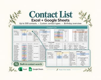 Contactenlijst in spreadsheetformaat met zoekbalk – Excel & Google Sheets, 500 contacten