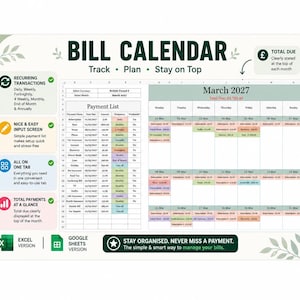 Puede incluir: Una plantilla de hoja de cálculo digital para calendario de facturas con una lista de pagos y una vista mensual de marzo de 2027. El diseño incluye secciones para transacciones recurrentes, pantallas de entrada y totales con tonos pastel.