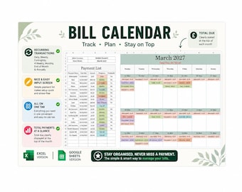 Factuurkalender | Overzicht van terugkerende facturen | Maandelijkse betalingsplanner | Sjabloon voor Excel en Google Sheets