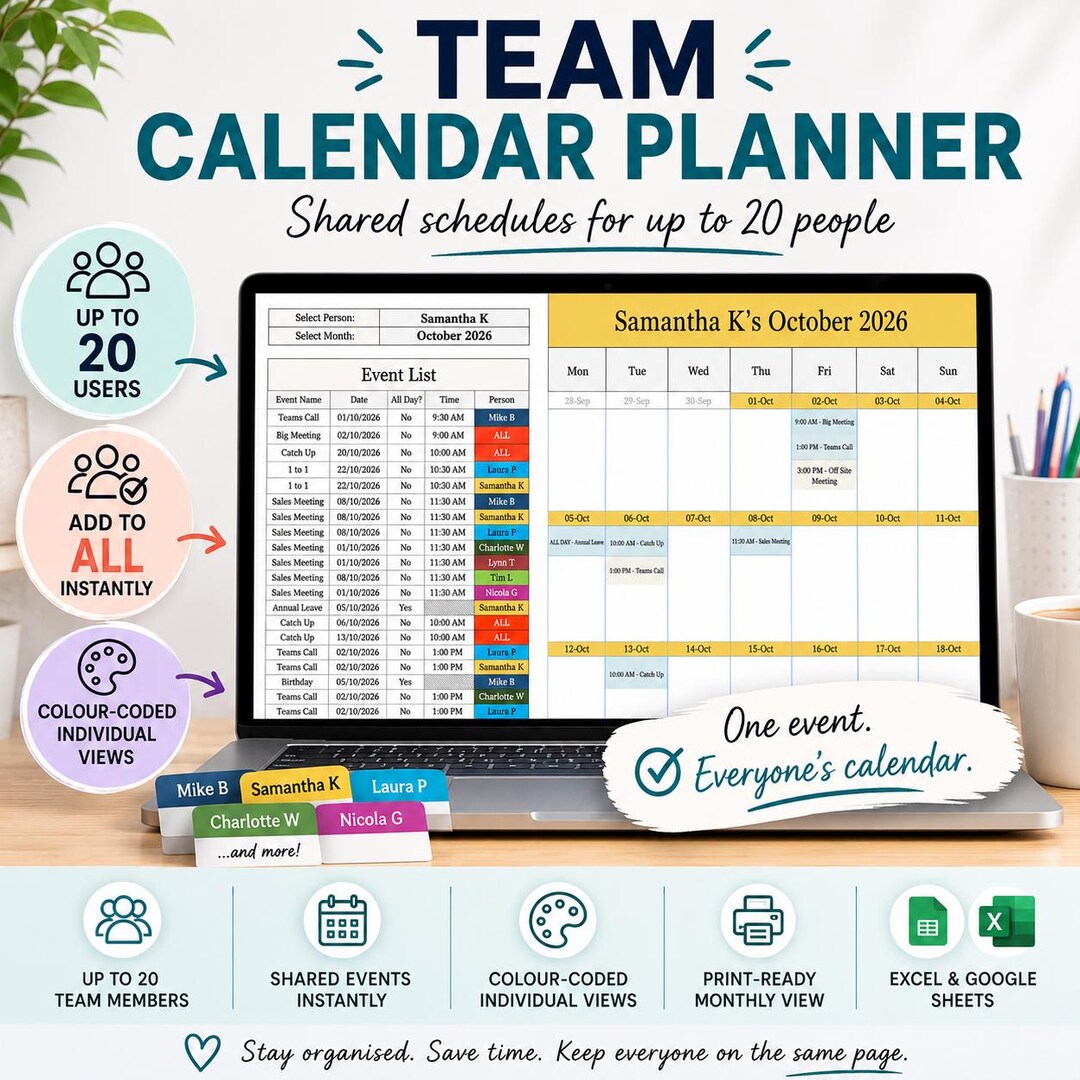 Team Planner Excel Spreadsheet | Shared Team Calendar | Staff Schedule ...