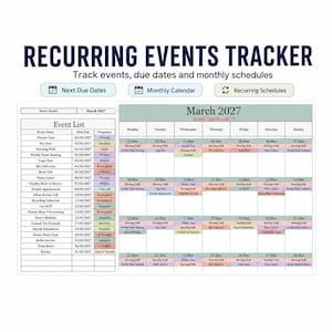 May include: A digital recurring events tracker template featuring a March 2027 calendar and an event list. The layout includes sections for next due dates, monthly calendars, and recurring schedules with color-coded entries for various tasks.