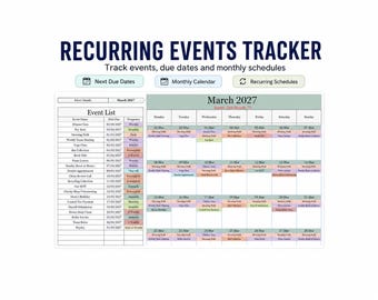 Spreadsheet voor het bijhouden van terugkerende evenementen in Excel 365 en Google Sheets met maandkalender
