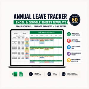 May include: An annual leave tracker template for Excel and Google Sheets displayed on a laptop screen. The interface shows a calendar view for March 2027 with colour-coded employee leave entries, a list of leave types, and icons for features.