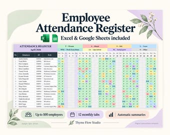 Aanwezigheidsregistratie voor medewerkers in Excel en Google Sheets, tot 100 medewerkers
