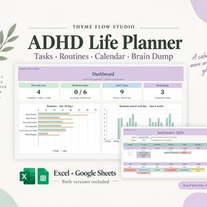 Könnte beinhalten: Eine digitale ADHD Life Planner Vorlage für Excel und Google Sheets mit einem Dashboard für Aufgaben, Routinen und Kalenderansichten. Die Benutzeroberfläche verwendet eine Farbpalette aus Violett, Grün und Blau mit Textbeschriftungen wie Tasks, Routines, Calendar, Brain Dump und September 2026.