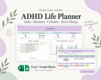 ADHD-levensplanner voor Excel en Google Sheets, gewoonte-tracker en takenkalender