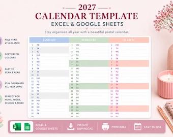 Pastelkleurige kalendersjabloon 2027 | Excel, Google Spreadsheets, afdrukbaar (digitale download)