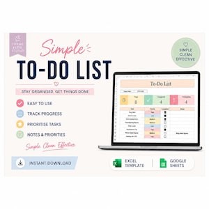 May include: A digital to-do list template displayed on a laptop screen. The graphic features the text Simple TO-DO LIST, STAY ORGANISED. GET THINGS DONE, and lists features like EASY TO USE, TRACK PROGRESS, PRIORITISE TASKS, and NOTES & PRIORITIES.
