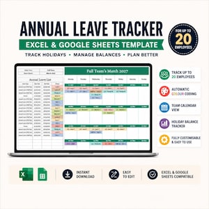 Puede incluir: Una plantilla de seguimiento de vacaciones anuales para Excel y Google Sheets en la pantalla de un portátil. La interfaz muestra un calendario de marzo de 2027, una lista de tipos de vacaciones, fechas y nombres de empleados con códigos de color.