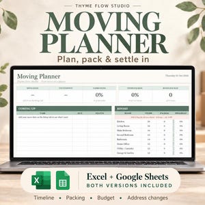 Op de afbeelding: Een digitale verhuisplanner op een laptopscherm met secties voor verhuisdata, taken en de voortgang van het inpakken per kamer. De interface toont de compatibiliteit met Excel en Google Sheets in een overzichtelijke lay-out.