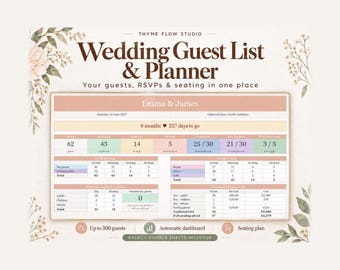 Bruiloft gastenlijstplanner: Excel & Google Sheets, RSVP-tracker en tafelindeling