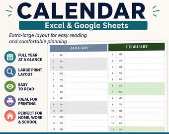Kalender met grote letters 2027 | Excel, Google Spreadsheets Planner (digitale download)