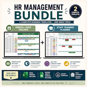 Pode incluir: Um pacote de gestão de RH com dois modelos de negócios digitais: um rastreador de férias anuais e um planejador de treinamento de pessoal. A imagem exibe duas telas de laptop com interfaces de calendário, ícones do Excel e Google Sheets.