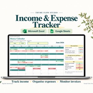 May include: A laptop screen displays a digital Income & Expense Tracker spreadsheet titled Money Calendar for June 2026. The interface features a monthly grid with color-coded entries for income and expenses, plus a summary sidebar.
